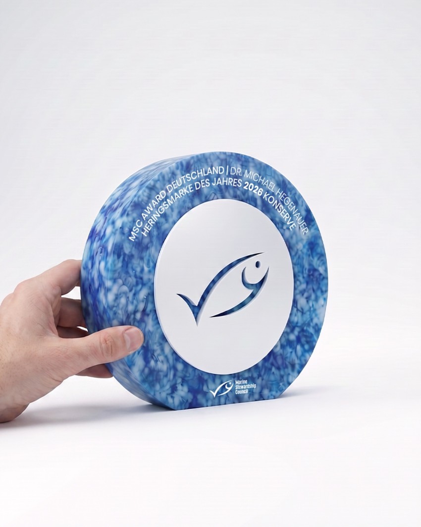 Trophée sur mesure pour les MSC Awards réalisé par Sustain Awards, tenu par un mannequin