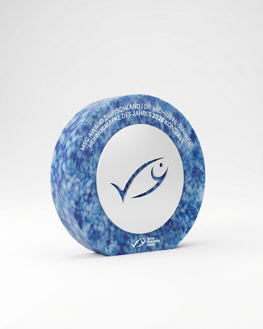 Trophée sur mesure pour les MSC Awards réalisé par Sustain Awards, vue de côté